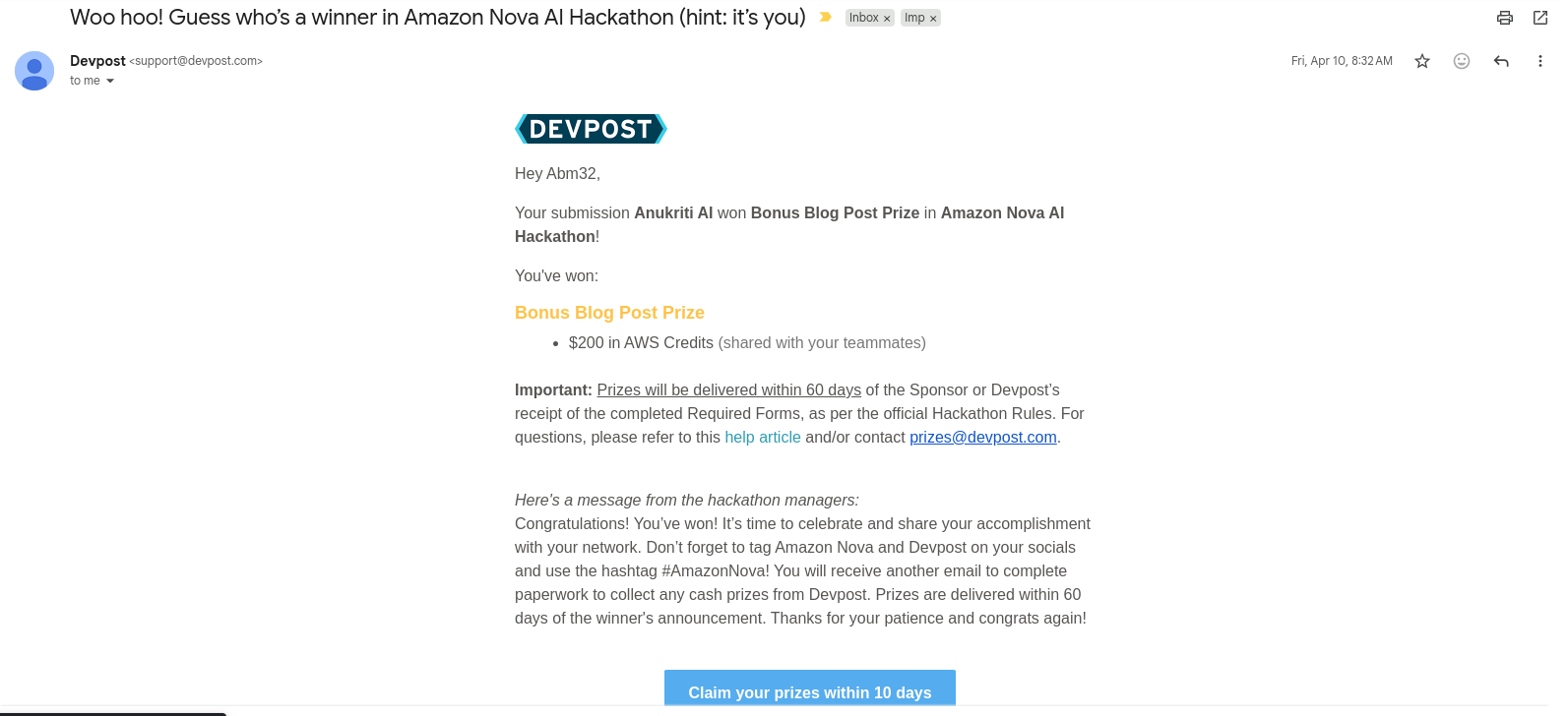 Devpost winner email confirming Anukriti AI won Bonus Blog Post Prize in Amazon Nova AI Hackathon