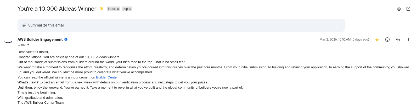 AWS AIdeas winner email confirmation from AWS Builder Engagement